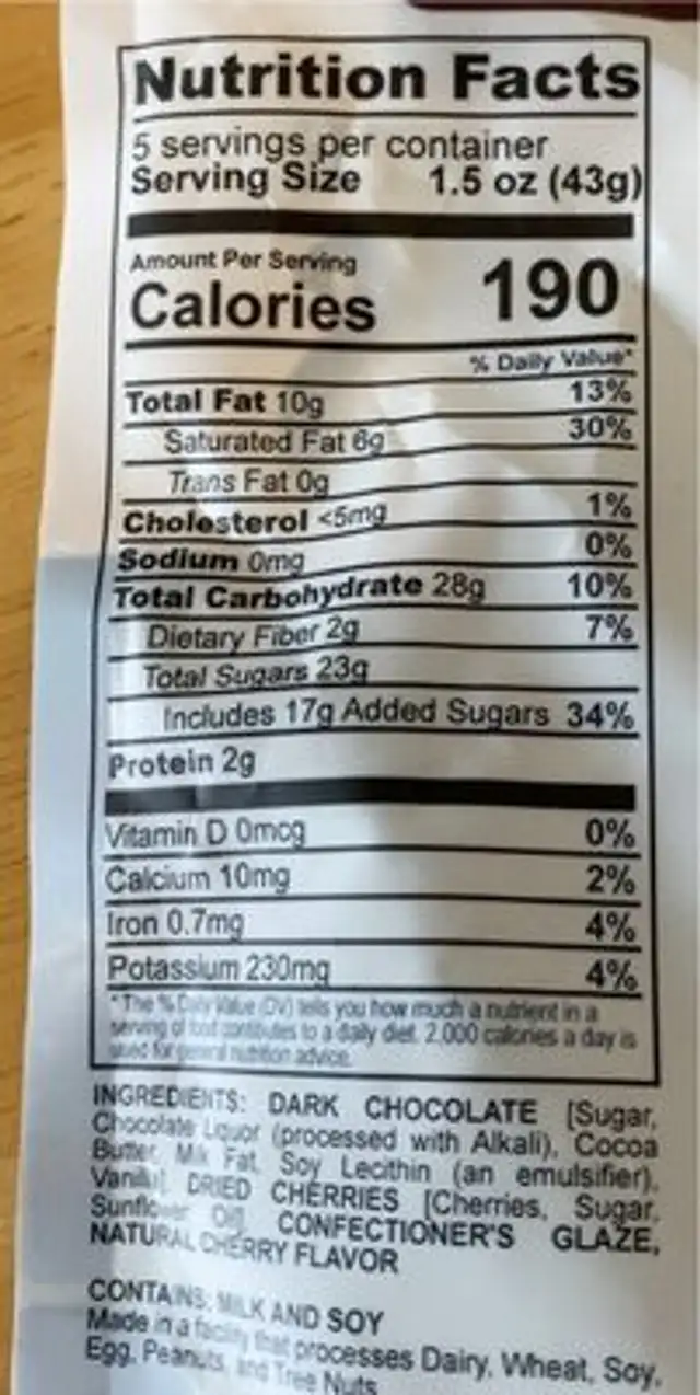 Dark chocolate cherries nutrition facts table