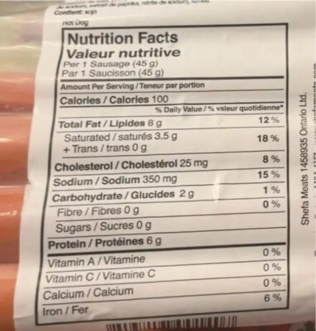 all beef frankfurter nutrition facts table