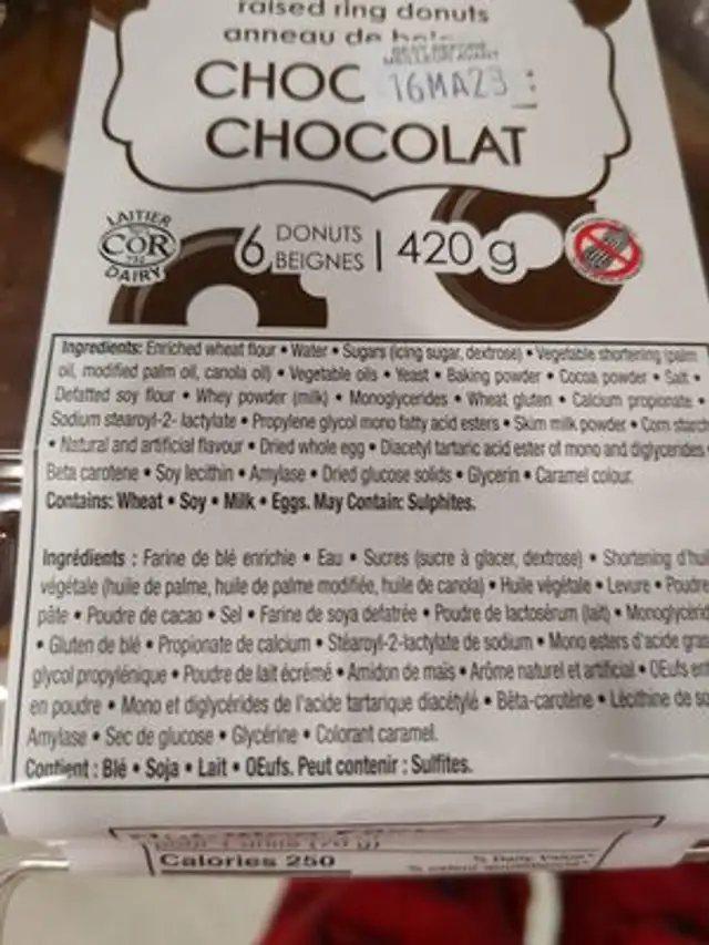 Beignes glacés au chocolat ingredients label