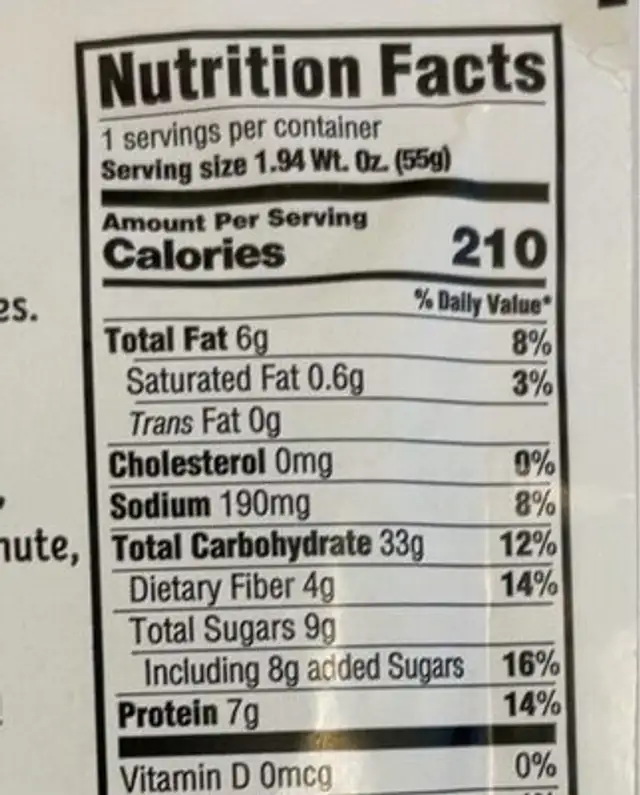 Maple Pecan Oats nutrition facts table