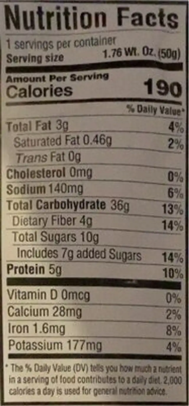 Umpqua Oats Apple Cranberry nutrition facts table