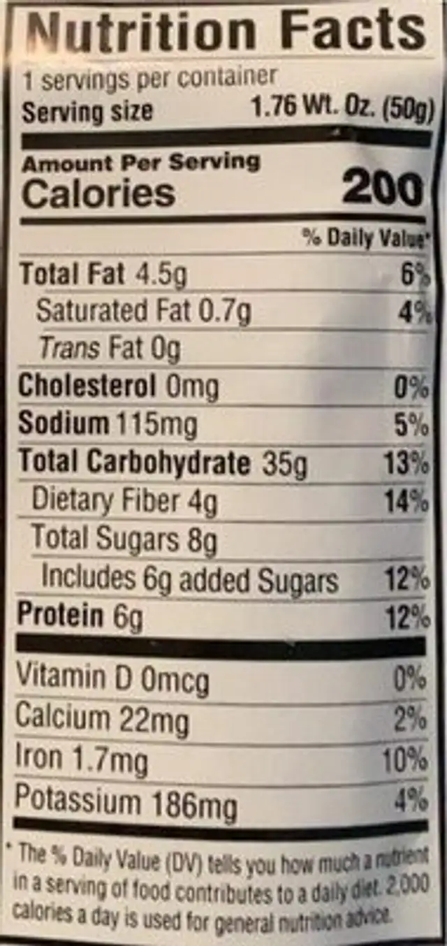Umpqua Oats Banana Walnut nutrition facts table