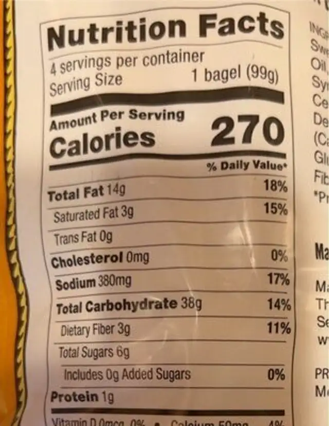 Gluten-Free Bagels nutrition facts table