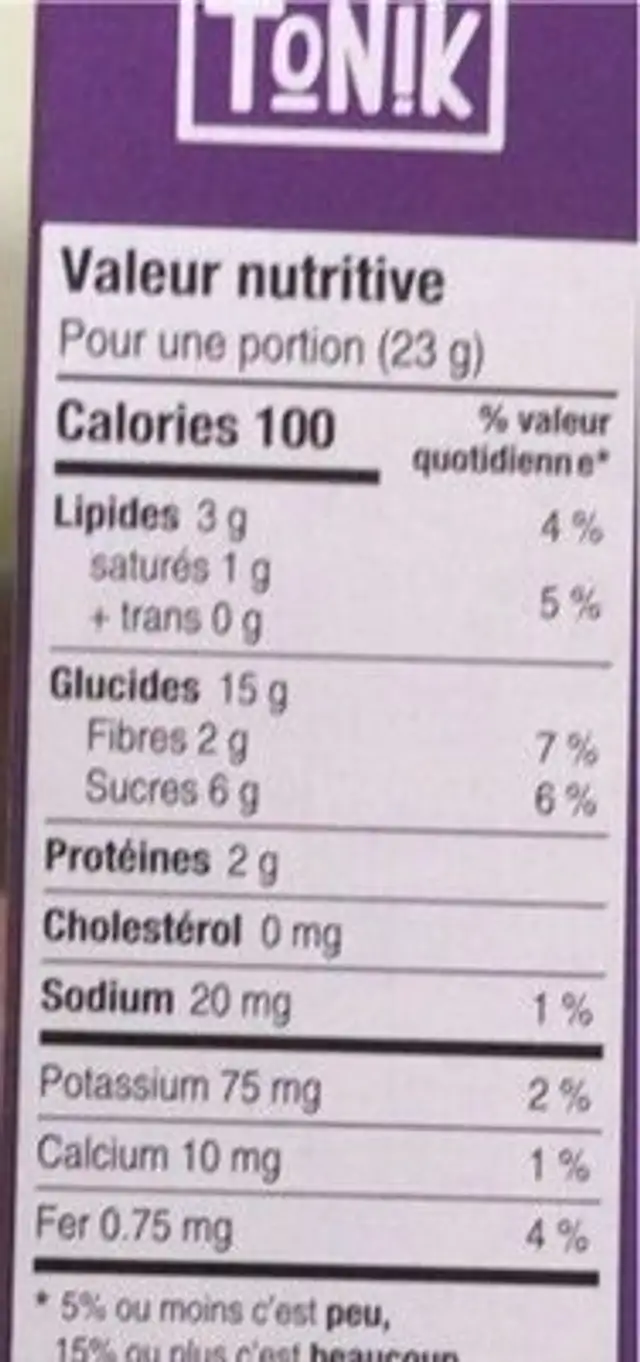 Barres tendres nutrition facts table