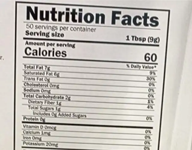 Organic coconut cream nutrition facts table