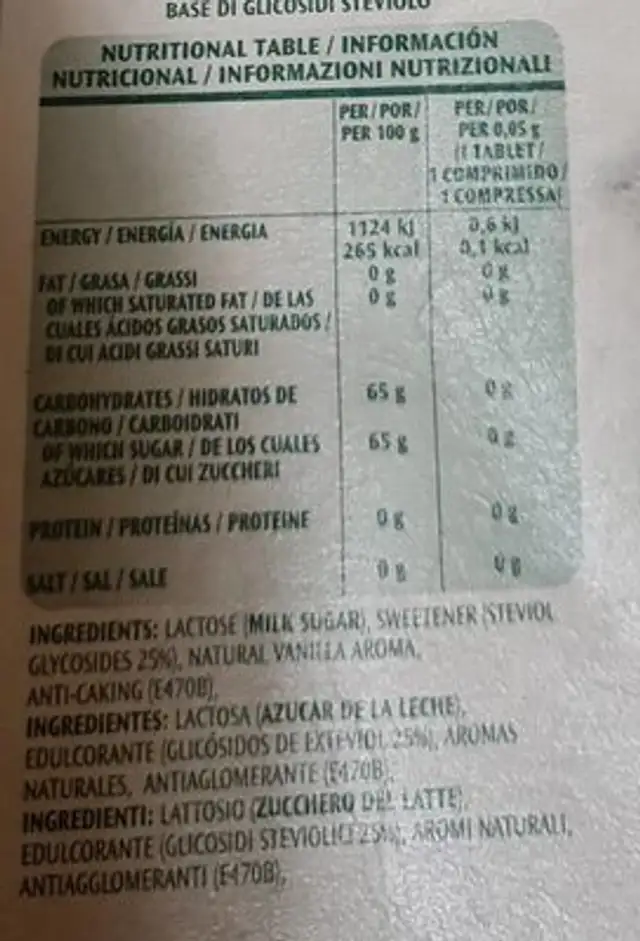 Stevia nutrition facts table