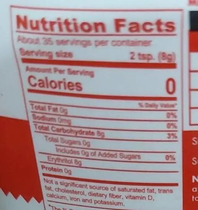 Keto Sweet Sugar Alternative nutrition facts table