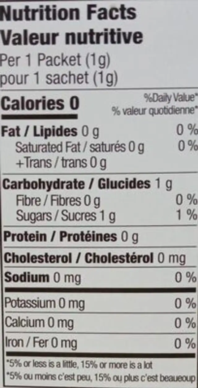 Extrait de stevia nutrition facts table