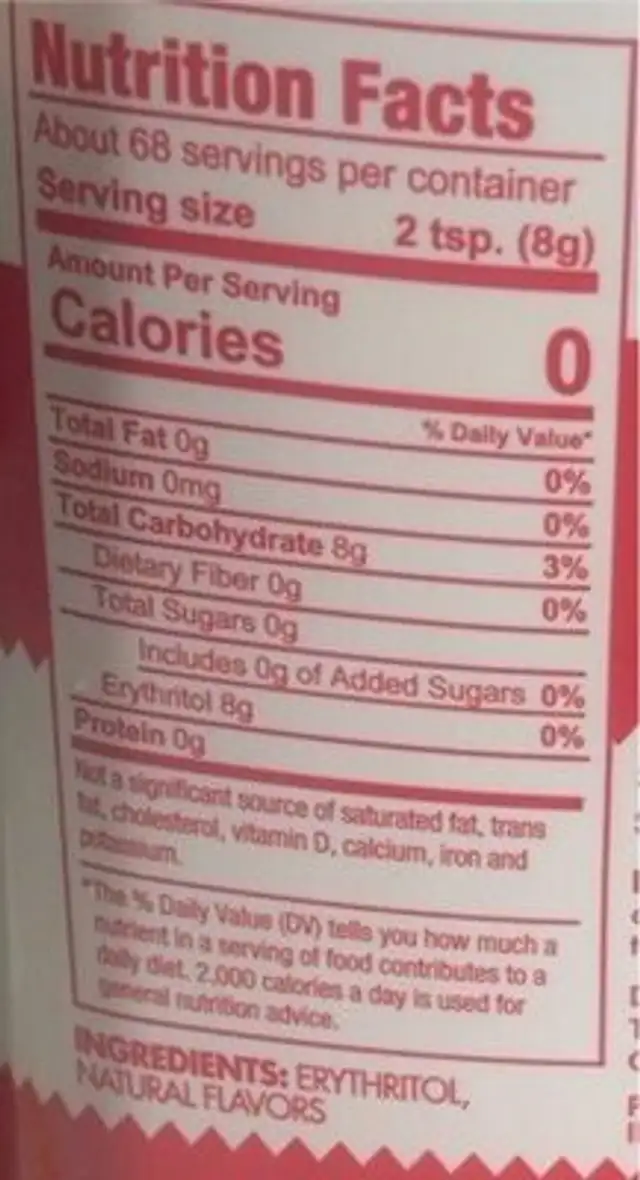 KETO: SWEET nutrition facts table