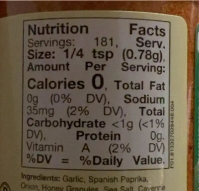 Fiesta sweet and Tangy nutrition facts table