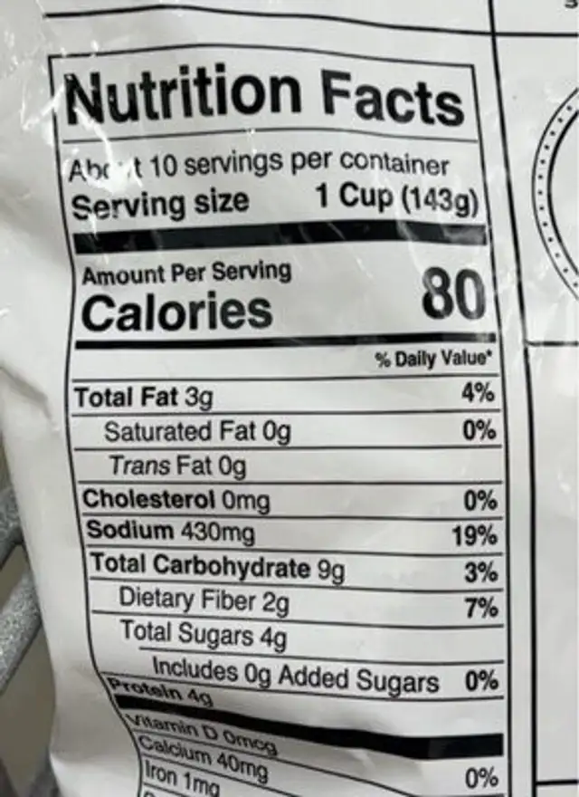 Riced Cauliflower nutrition facts table