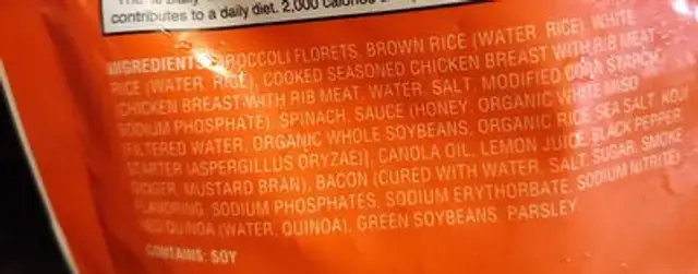 Broccoli & Rice with White Meat Chicken & Bacon ingredients label
