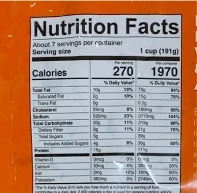 Broccoli & Rice with White Meat Chicken & Bacon nutrition facts table