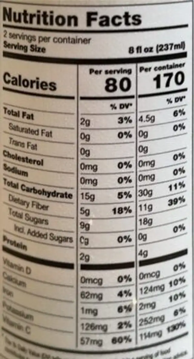 Strawberries, Chia Seeds, Stevia nutrition facts table