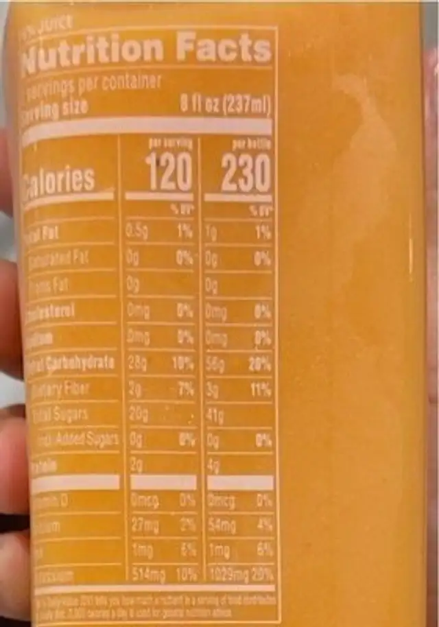 Organic pressed juice nutrition facts table