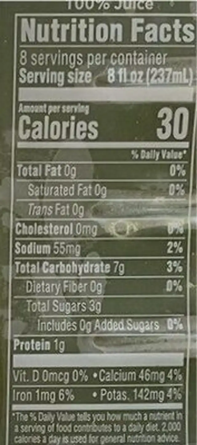 Organic Cold Pressed Juice Lotta Greens nutrition facts table