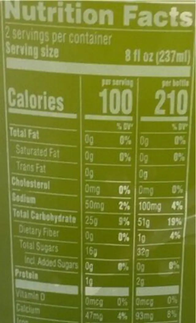 Organic cold pressed juice nutrition facts table