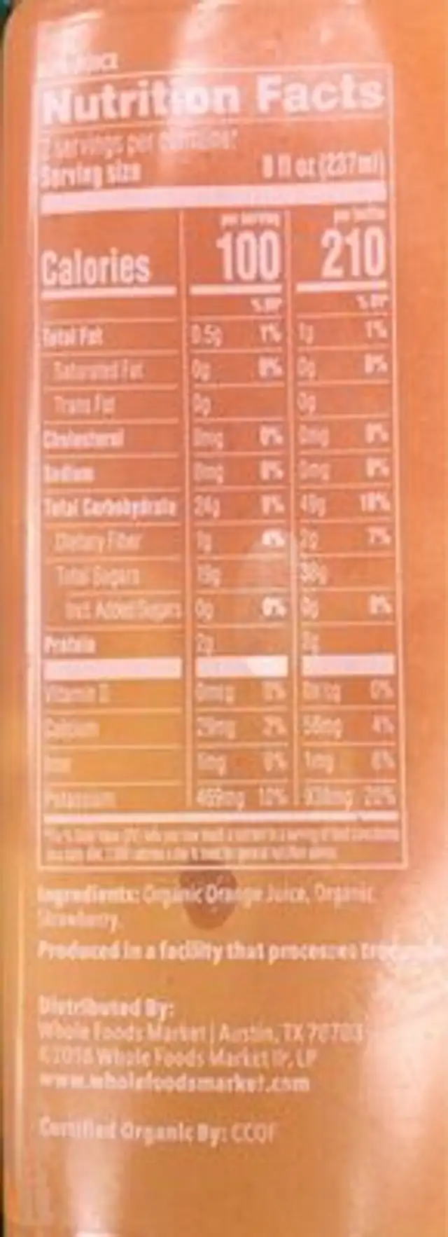 Organic cold pressed juice lava orange strawberry nutrition facts table
