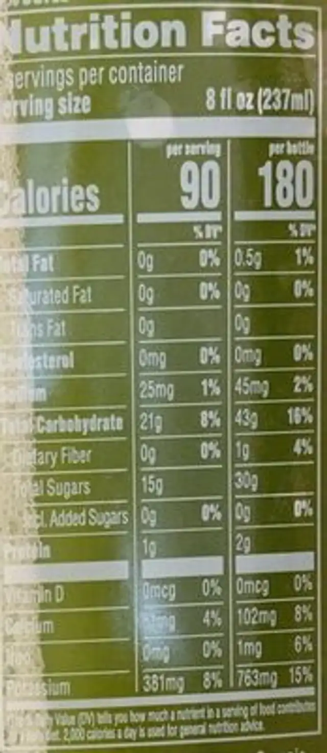 Tropical Greens Organic Juice nutrition facts table