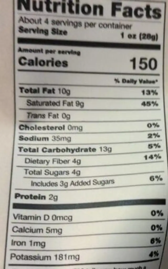 Organic Banana Brittle nutrition facts table