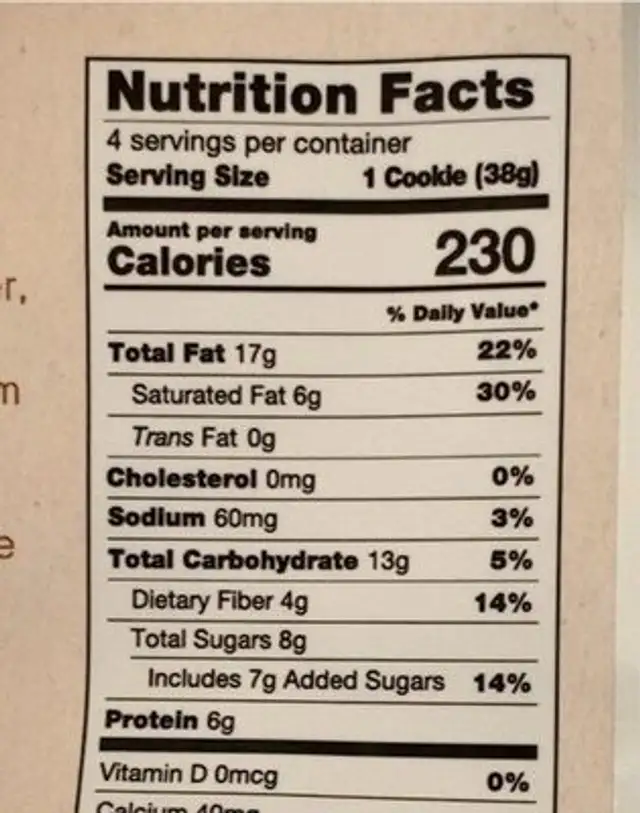 Superfood Chocolate Chip Cookie nutrition facts table