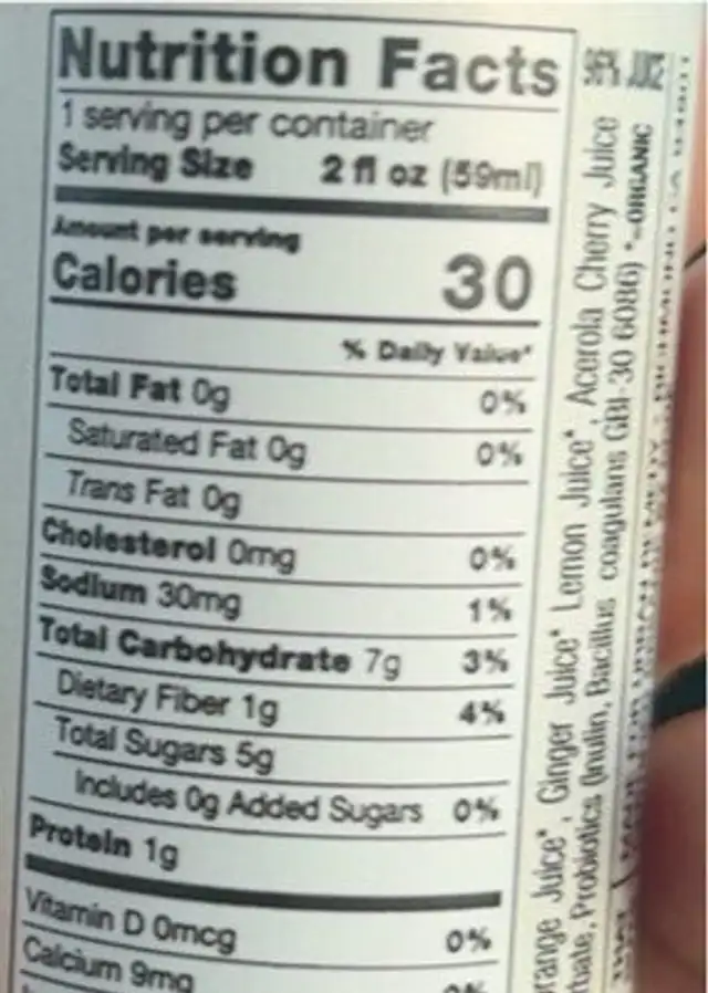 Superfruit C shot nutrition facts table