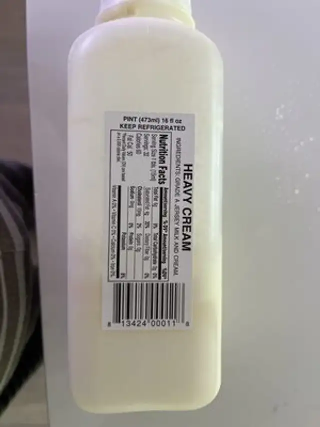 Heavy cream nutrition facts table