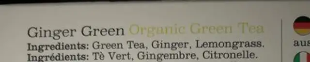 Zesty Ginger Green Organic green Tea ingredients label