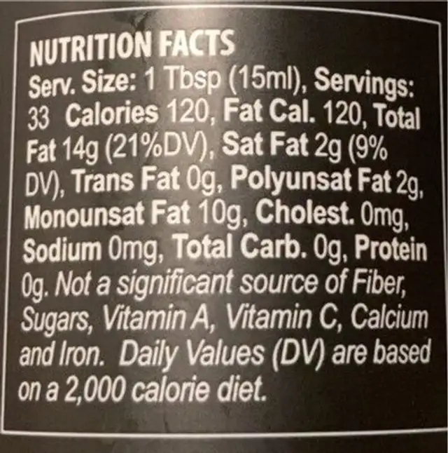 Cold pressed extra virgin olive oil nutrition facts table