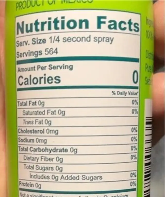 100% Pure Avocado Oil Matural Spray nutrition facts table