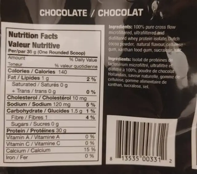 Power Whey Isolate, Chocolate ingredients label