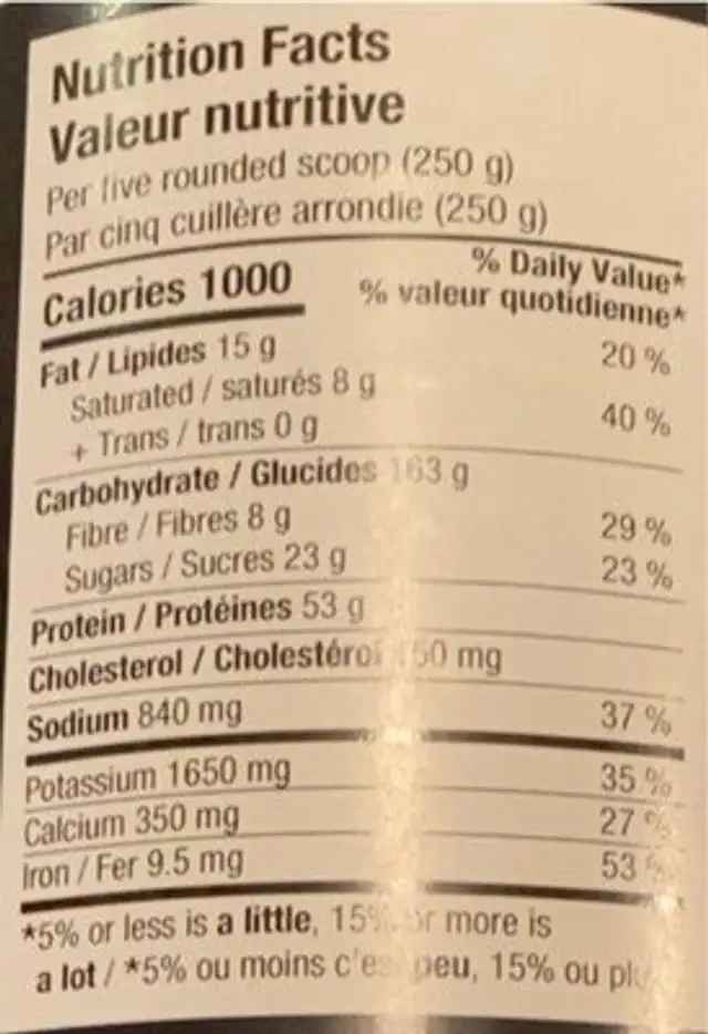 Nitro Juice Gainer nutrition facts table