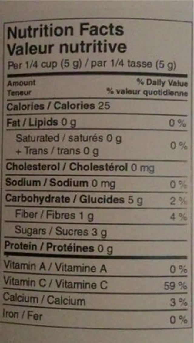Fraises nutrition facts table