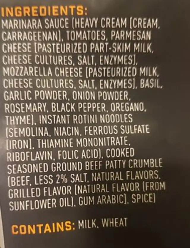 Premium Freeze-Dried Beef Pasta Marinara ingredients label