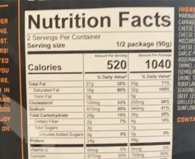 Premium Freeze-Dried Beef Pasta Marinara nutrition facts table