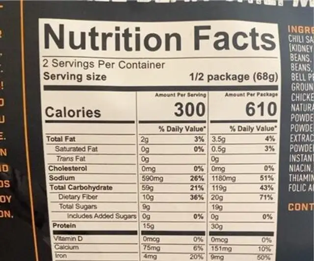 Premium Freeze-Dries Three Bean Chili Mac nutrition facts table