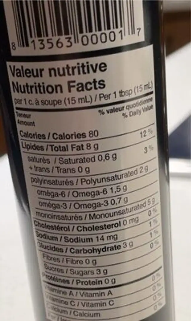 Ma vinaigrette pomme miel & cari nutrition facts table
