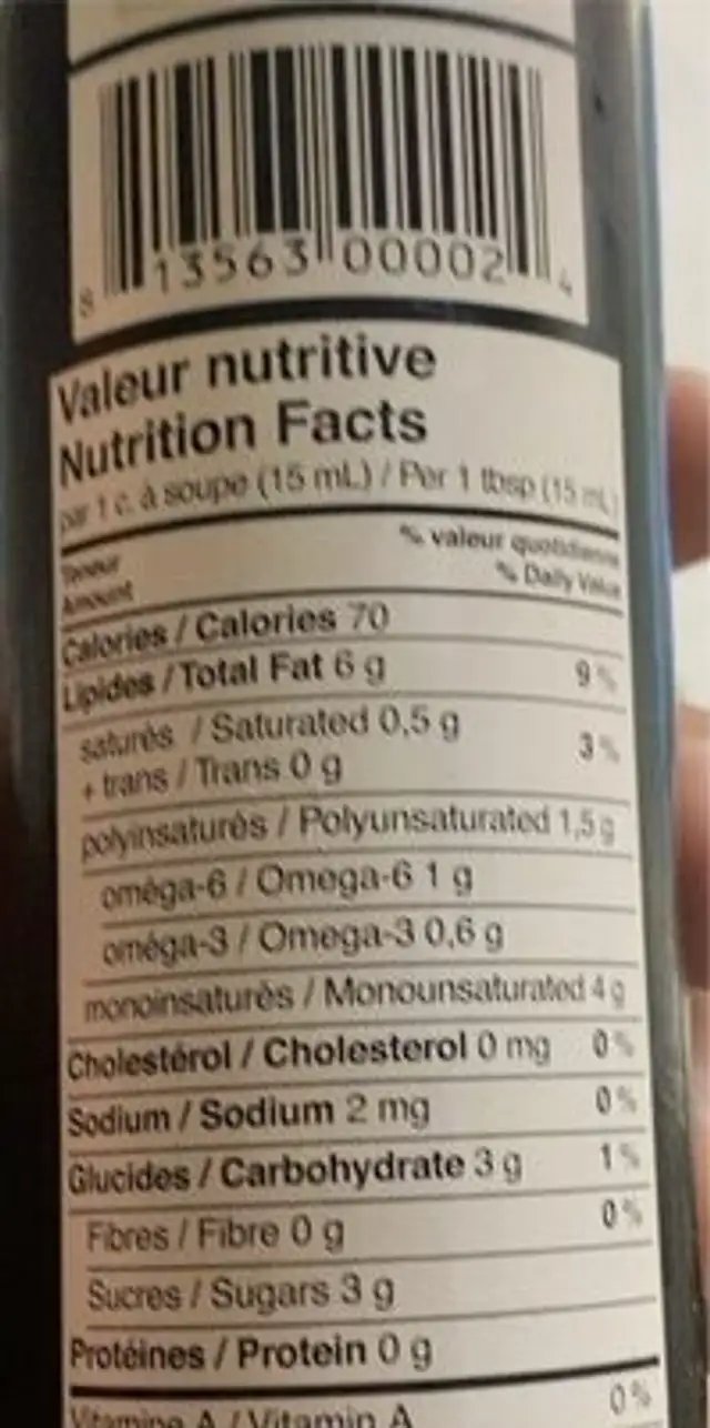 Vinaigrette ail & estragon nutrition facts table