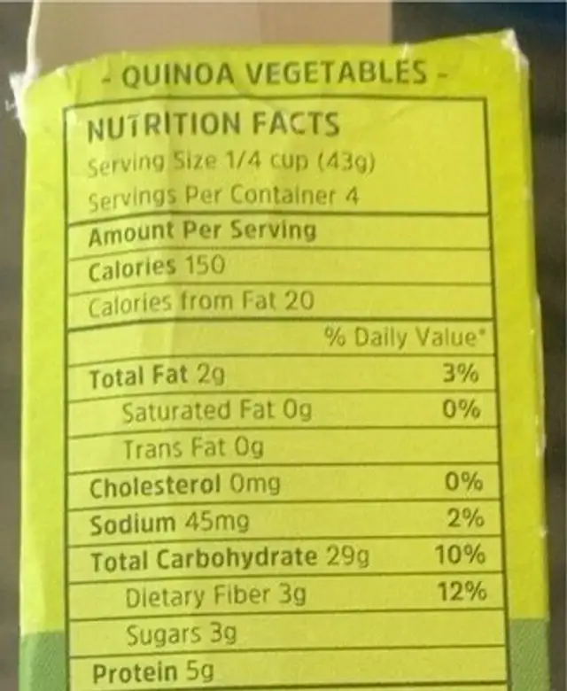 Quinoa vegetables nutrition facts table