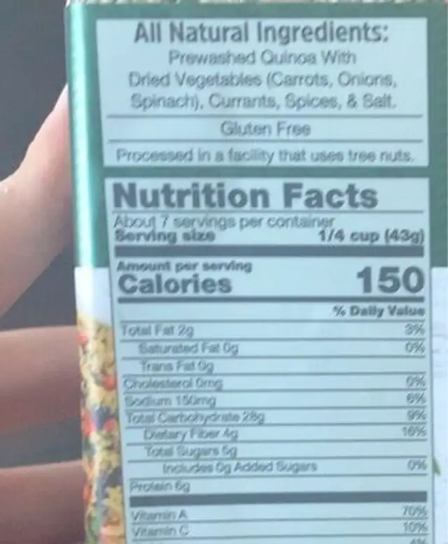 Quinoa with spinach nutrition facts table