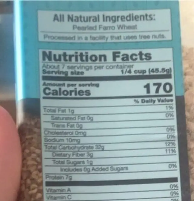 Farro grains traditional canister packed grocery gourmet foods nutrition facts table