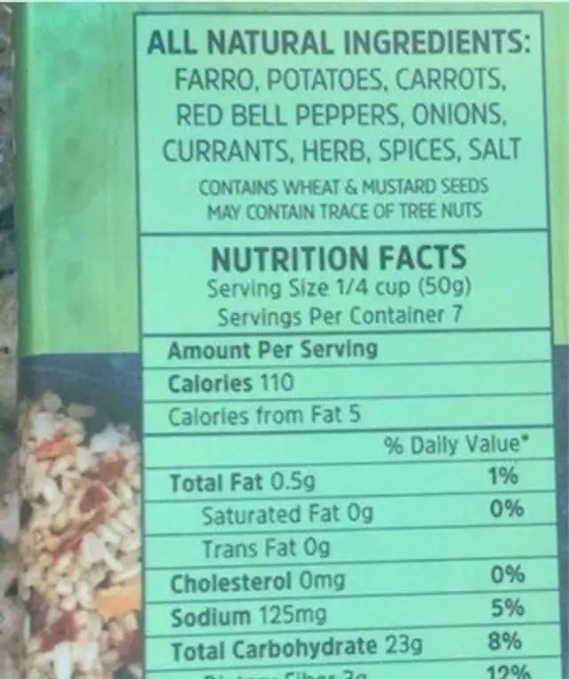 Farro grain with garden vegetables gourmet foods nutrition facts table