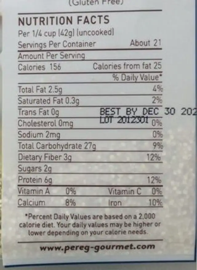 White Quinoa nutrition facts table