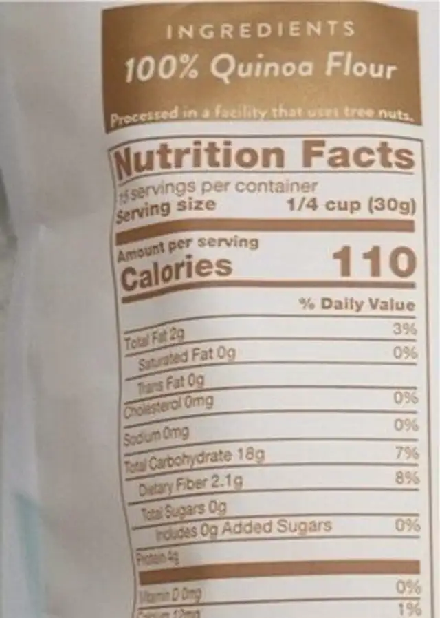 Quinoa multi-purpose flour nutrition facts table