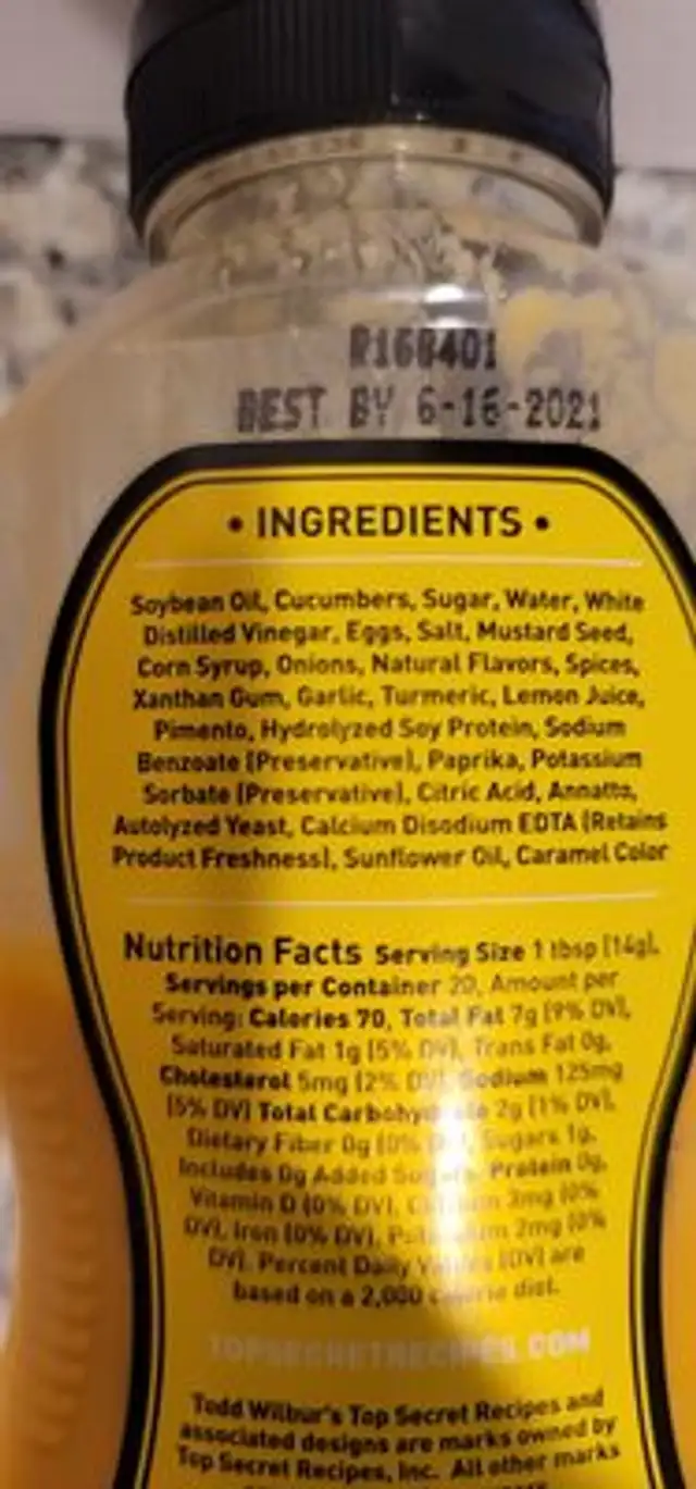 Burger Special Sauce ingredients label