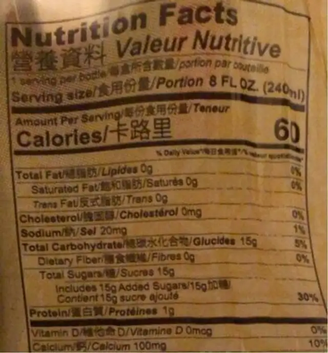 Swallow Nest Beverage nutrition facts table