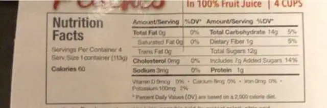 Yellow Cling Diced Peaches nutrition facts table