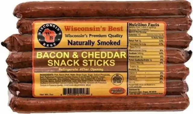 Bacon and wisconsin cheddar cheese protein snack meat sticks