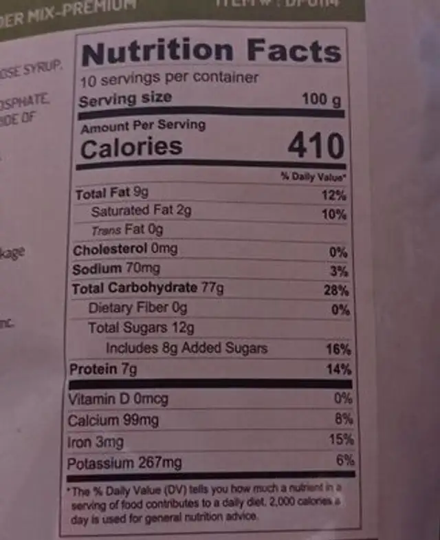 Matcha green tea powder mix nutrition facts table