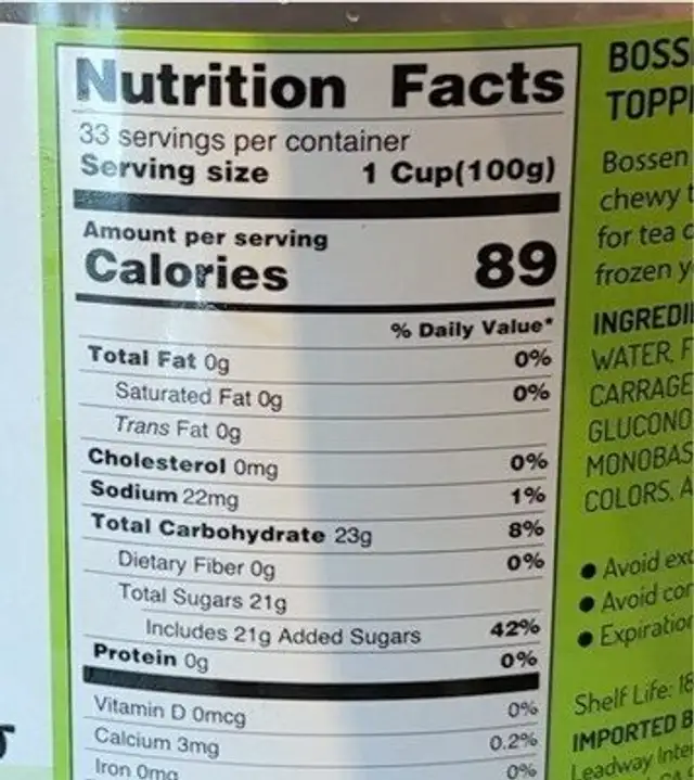 Agar Jelly Topping nutrition facts table